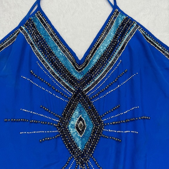 Haute Hippie Silk Beaded Dress Halter Sleeveless Blue Party Dress L